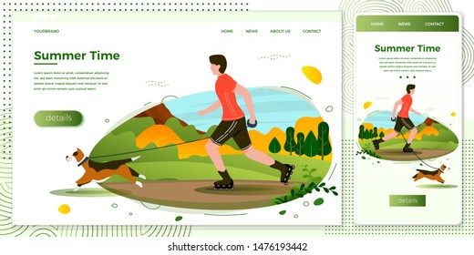 Vector cross platform illustration set - man with dog rolling in park. Forests, trees and hills on green background. Browser and mobile phone template with place for your text.