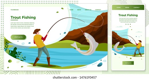 Vector cross platform illustration set - fisherman on river catching trout. Forests, trees, mountains and hills on green background. Browser and mobile phone template with place for your text.