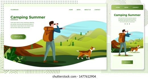 Vector cross platform illustration set - man travel with dog, looking in binoculars on mountains, trees on background. Browser and mobile phone template with place for your text.