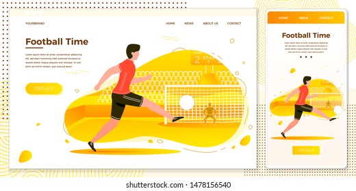 Vector cross platform illustration set - football player. Goalkeeper and stadium with scoreboard on background. Browser and mobile phone template with place for your text.
