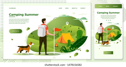 Vector cross platform illustration set - tourist man with dog looking on camping place with bonfire. Forests, trees and hills on green. Browser and mobile phone template with place for your text.