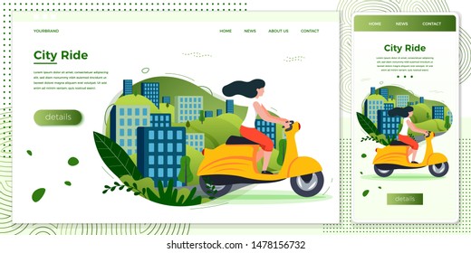 Vector cross platform illustration set - girl riding on motorbike. Park, city, trees and hills on background. Browser and mobile phone template with place for your text.