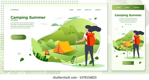 Vector cross platform illustration set - tourist girl looking on camping place with bonfire. Forests, trees and hills on green background.
Browser and mobile phone template with place for your text.