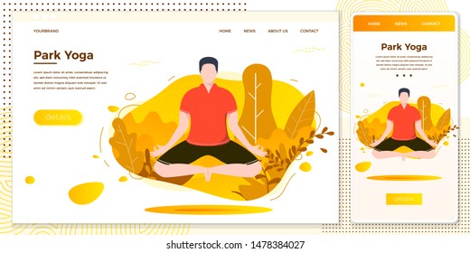 Vector cross platform illustration set - man in yoga lotus pose. Park, forest, trees and hills on background. Browser and mobile phone template with place for your text.