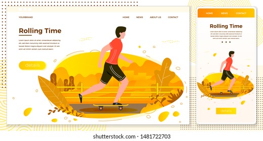 Vector cross platform illustration set - skating man in park. Forest, trees and hills on background. Browser and mobile phone template with place for your text.