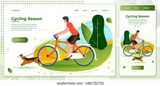 Vector cross platform illustration set - man riding on bike with dog. Park, trees and hills on green background. Browser and mobile phone template with place for your text.