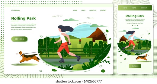 Vector cross platform illustration set - girl with dog skating in park. Forests, trees and hills on green background. Browser and mobile phone template with place for your text.