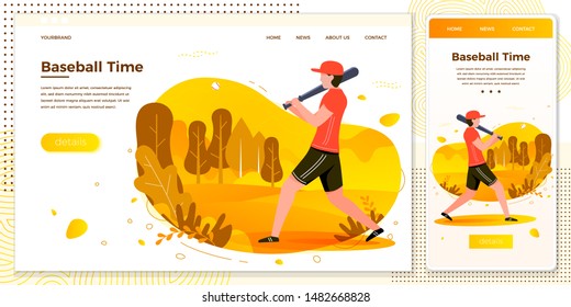 Vector cross platform illustration set - young sporty man playing baseball. Court, park, trees and hills on bright yellow background. Browser and mobile phone template with place for your text.