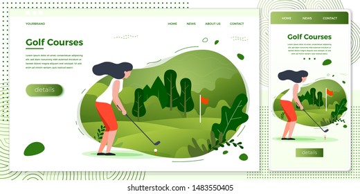 Vector cross platform illustration set - sporty girl playing golf. Court, park, trees and hills on green background.
Browser and mobile phone template with place for your text.