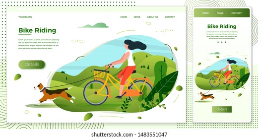 Vector cross platform illustration set - girl riding on bike with dog. Park, trees and hills on green background. Browser and mobile phone template with place for your text.