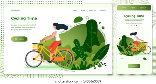 Vector cross platform illustration set - bicycle riding girl. Park, forest, trees and hills on background. Browser and mobile phone template with place for your text.