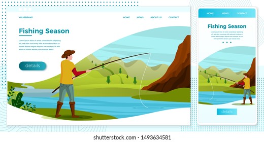 Vector cross platform illustration set - fisherman on river with rod. Forests, trees, mountains and hills on green background. Browser and mobile phone template with place for your text.