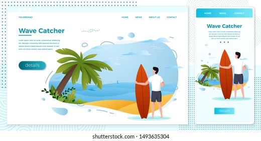 Vector cross platform illustration set - surfing man on a beach. Palm, sand, ocean on background. Browser and mobile phone template with place for your text.