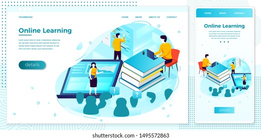 Vector cross platform illustration set, browser and mobile phone - online school learning process.
Modern bright banner, site template with place for your text