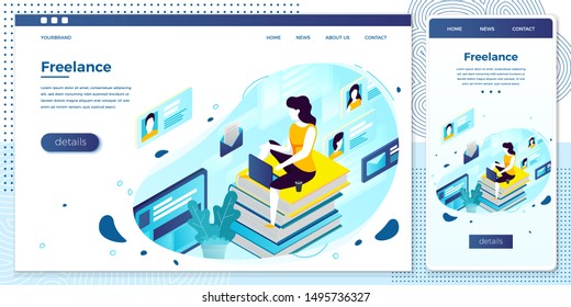 Vector cross platform illustration set, browser and mobile phone - freelancer girl with notebook, easely working at home. 
Modern bright banner, site template with place for your text