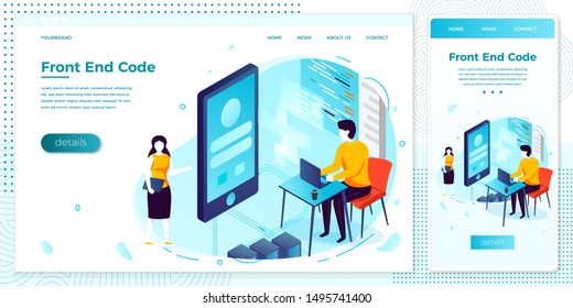 Vector cross platform illustration set, browser and mobile phone -  front end developer working on notebook, create mobile application.
Modern bright banner, site template with place for your text