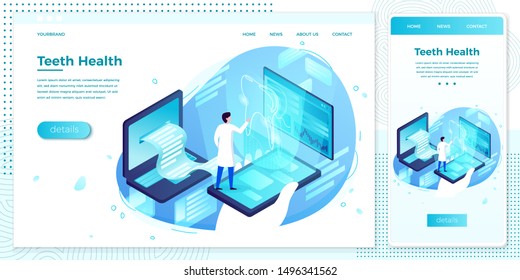 Vector cross platform illustration set, browser and mobile phone - teeth health hologram help with doctor. Medicine modern bright banner, site template with place for your text