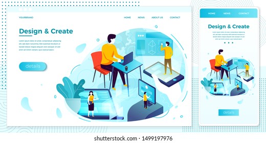 Vector cross platform illustration set, browser and mobile phone - motion design studio working process, create, work and earn.
Modern bright banner, site template with place for your text