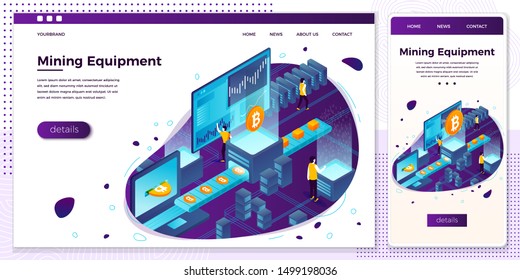 Vector cross platform illustration set, browser and mobile phone - cryptocurrency mining process, transporter with bitcoins. 
Modern bright banner, site template with place for your text