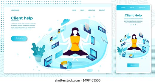 Vector cross platform illustration set, browser and mobile phone - multitasking manager girl with six hands. 
Modern bright banner, site template with place for your text