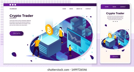 Vector cross platform illustration set, browser and mobile phone - cryptocurrency trading process, people making money. 
Modern bright banner, site template with place for your text