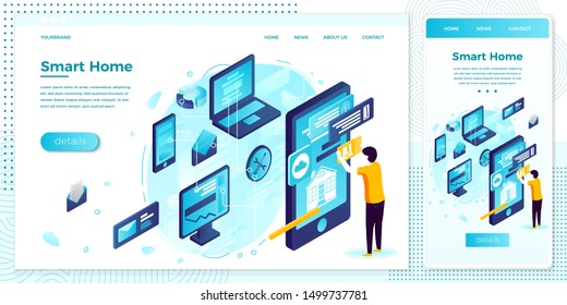 Vector cross platform illustration set, browser and mobile phone -  phone application for intelligent building, with internet of things. 
Modern bright banner, site template with place for your text