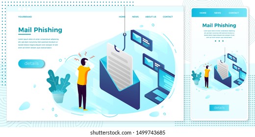 Vector cross platform illustration set, browser and mobile phone - mail phishing, stressed man holding his head.
Modern bright banner, site template with place for your text