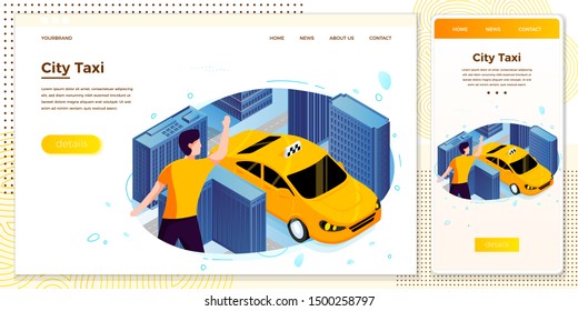 Vector cross platform illustration set, browser and mobile phone - man catching taxi cab.
Modern bright banner, site template with place for your text