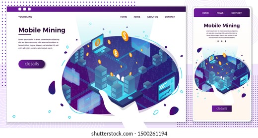 Vector cross platform illustration set, browser and mobile phone - cryptocurrency mining farm process, mans hand holding mobile phone and control money making.
Modern bright banner, site template