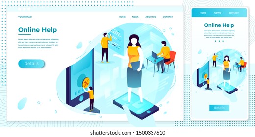 Vector cross platform illustration set, browser and mobile phone - support manager, fixing client problems. 
Modern bright banner, site template with place for your text