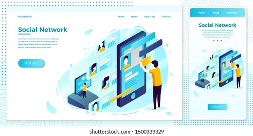 Vector cross platform illustration set, browser and mobile phone - social network profile creation, dating service. 
Modern bright banner, site template with place for your text