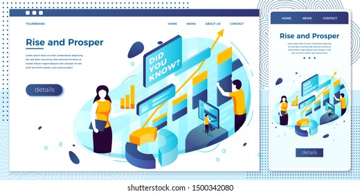 Vector cross platform illustration set, browser and mobile phone - online girl asking Did You Know and rise and prosper charts. 
Modern bright banner, site template with place for your text