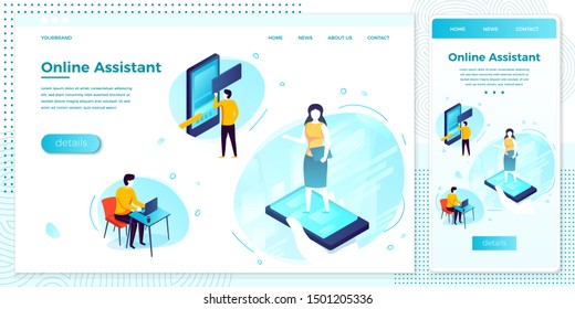 Vector cross platform illustration set, browser and mobile phone - online assistant, fixing client problems. 
Modern bright banner, site template with place for your text