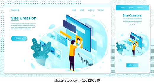 Vector cross platform illustration set, browser and mobile phone - site creation process. 
Modern bright banner, site template with place for your text