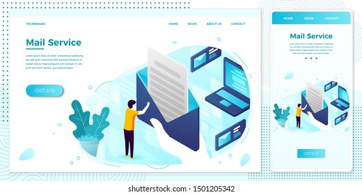 Vector cross platform illustration set, browser and mobile phone - mailing service, man holding open letter. 
Modern bright banner, site template with place for your text