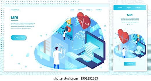 Vector cross platform illustration set, browser and mobile phone - online heart health hologram help with doctor. 
Modern bright banner, site template with place for your text