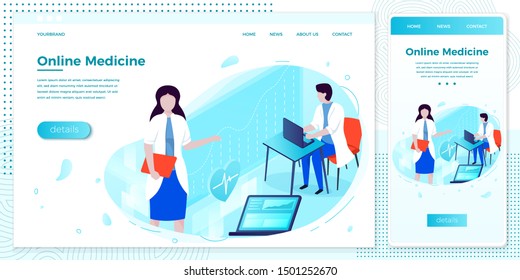 Vector cross platform illustration set, browser and mobile phone - online health consultation, doctor with computer.
Modern bright banner, site template with place for your text