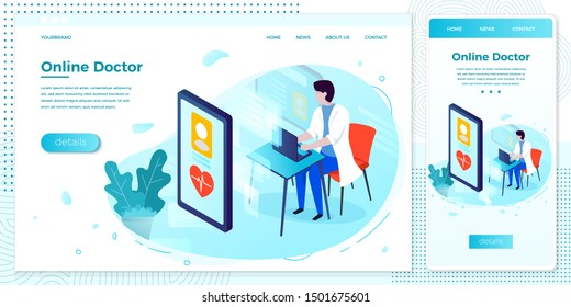 Vector cross platform illustration set, browser and mobile phone - online health consultation template, doctor with computer.
Modern bright banner, site template with place for your text