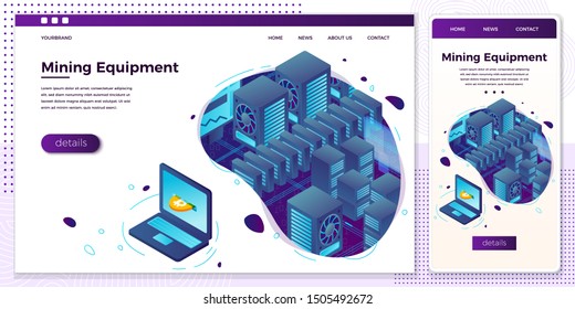 Vector cross platform illustration set, browser and mobile phone - cryptocurrency mining equipment generate money on laptop. 
Modern bright banner, site template with place for your text