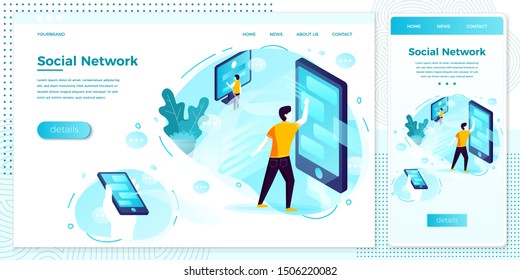 Vector cross platform illustration set, browser and mobile phone - social network connections, people chatting.
Modern bright banner, site template with place for your text