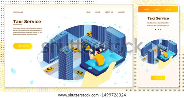 Vector cross platform\
illustration set, browser and mobile phone - man with phone,\
catching taxi cab. \
Modern bright banner, site template with place\
for your text