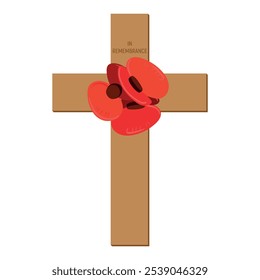 Vector cross with red paper poppies. Remembrance day for fallen soldiers in war. Memorial date of Great Britain and Canada. Poppy day. Illustration for November 11, 2024