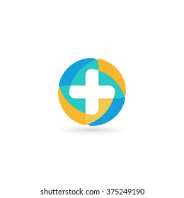 Vector cross. Round medical icon. Religious sign. Doctor's office emblem. Ambulance label. First aid symbol. Plus button. Arithmetic element. Blue cross logo. 