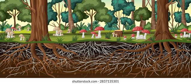 Vector cross section of forest floor with trees, mushrooms, and complex underground root systems