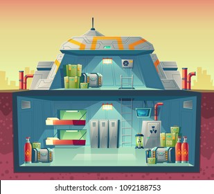 Vector cross section of nuclear shelter, interior of fortified bunker. Cartoon isolated lab, headquarters for survival or experiments, technology research. Architecture background