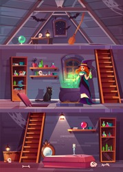 Vector cross section of witch house with cellar and attic. Pretty sorceress with stuff for magic, cat and cauldron. Basement with coffin and bones. Garret with bats, broom. Game background for quest.