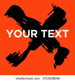 Vector Cross Shape on Orange. Black Cross Stamp. Icon, Logo, Banner Design. Cross Brush Abstract Stroke .