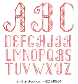Vector cross stitch alphabet isolated on white background. The letters are embroidered with red thread.