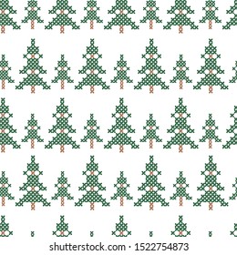 Vector cross stitch christmas trees seamless pattern background