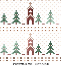 Vector cross stitch christmas trees and chruch seamless pattern background